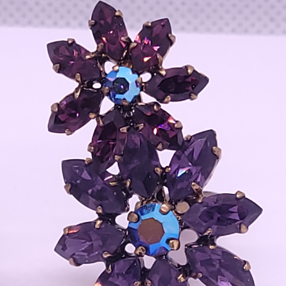 Vintage Austria Purple Navette Rhinestone Floral Clip-On Earrings Blue AB MCM